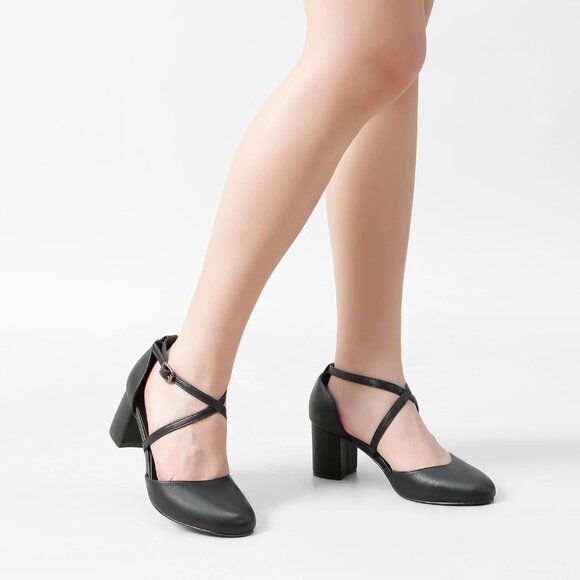 Women's Black Faux Suede Round Toe Cross Strap Low Block Heeled Dress Pumps - Picture 5 of 6